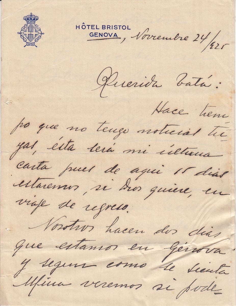 1925 Antigua Carta Desde Hotel Bristol De Genova Italia 