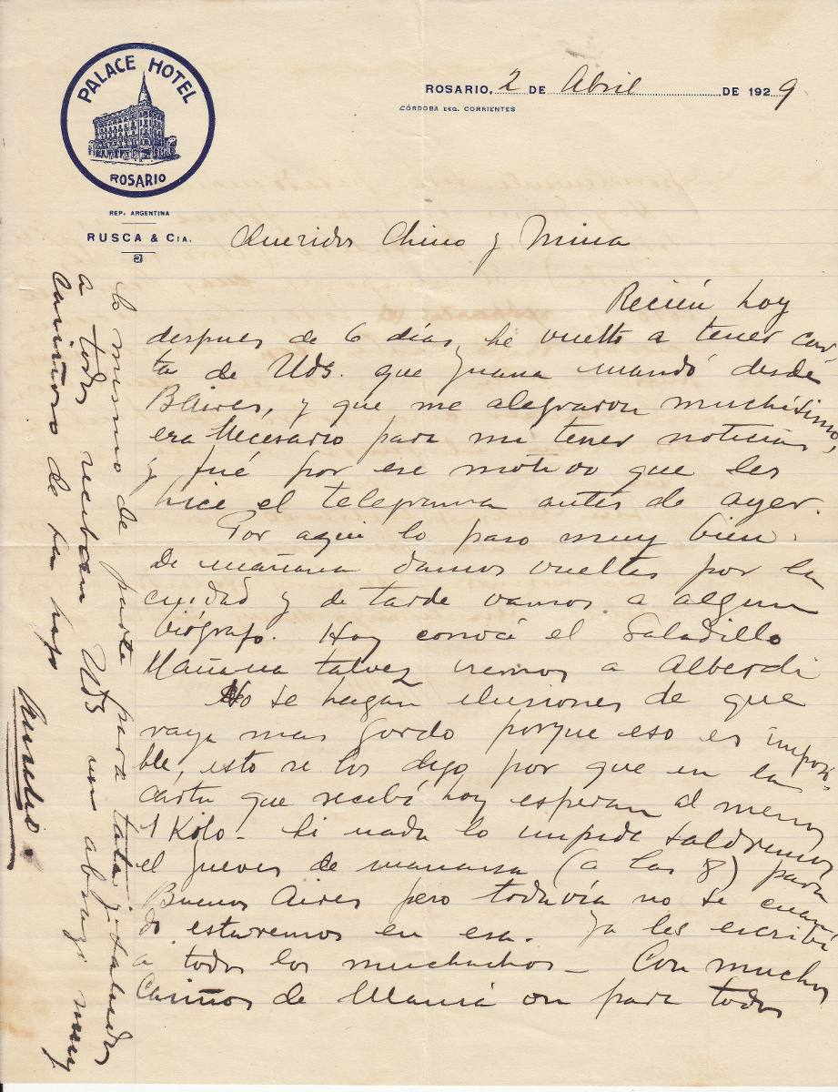 1929 Antigua Carta Desde Hotel Palace De Rosario Argentina 