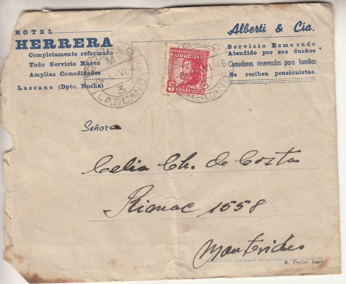 1946 Carta Y Sobre Enviado Desde Hotel Herrera Lascano 
