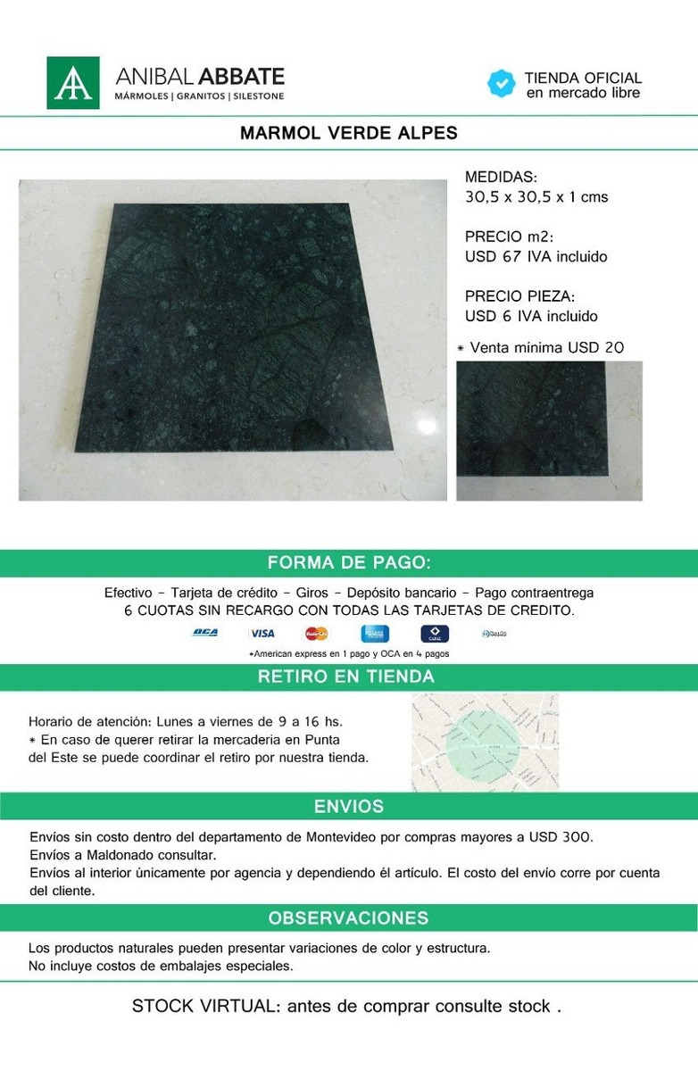 Baldosa De Marmol Verde Alpes 30.5x30.5x1 Cms Revestimiento - U$S 67,00