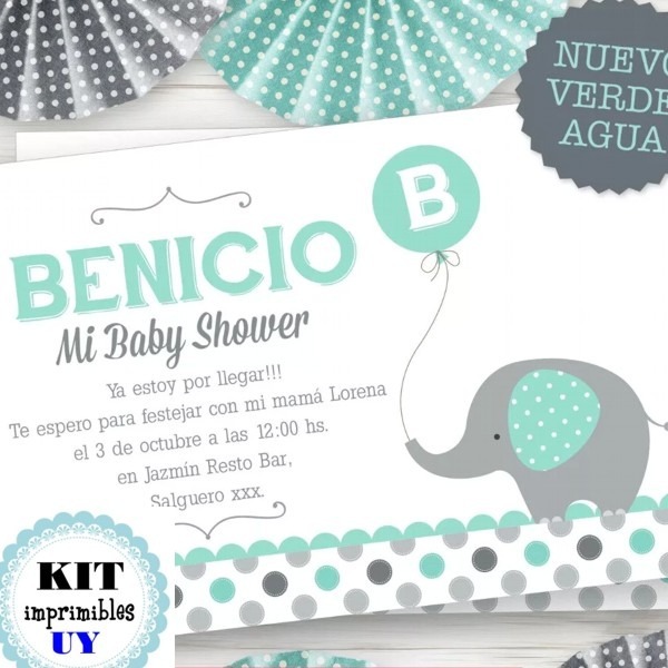 Kit Imprimible Elefante Bautismo Baby Shower Candybar Verde - $ 410,00 en Mercado Libre