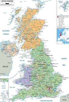 Mapa Político Del Reino Unido (en Ingles) - Lámina 45x30 Cm. - $ 431,00