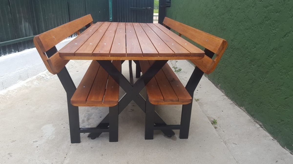 Mesa De Madera Y Hierro Y 2 Bancos Para Jardin O Barbacoa ...